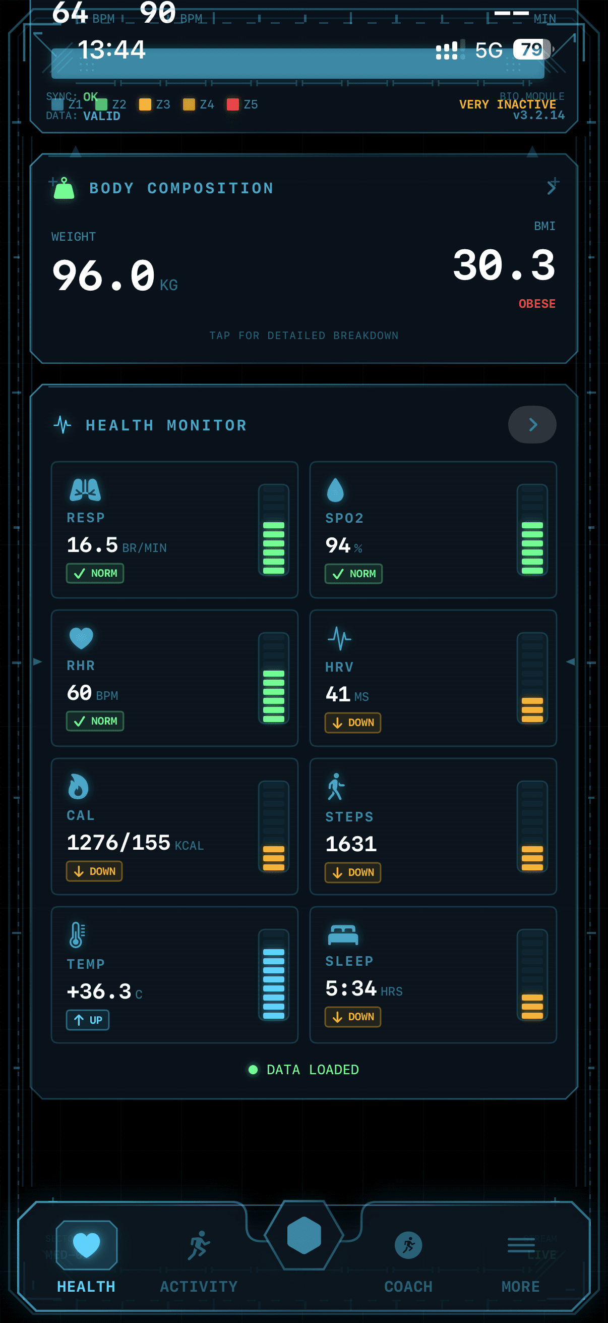 Beebsi Health Monitor showing real-time health metrics from Apple Health smartwatch data